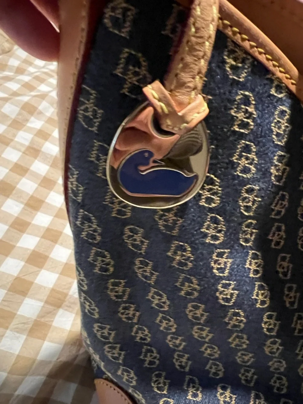 Dooney & Bourke Navy and Tan Signature DB Hobo Shoulder Bag
